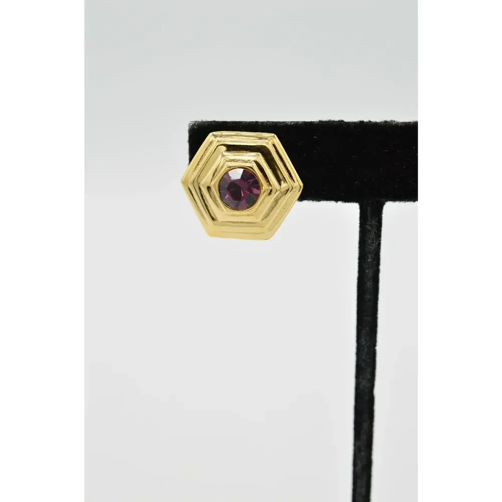 Vintage Crystal Clip On Earrings Rhinestone Purple Gold Statement NOS 1980s 9L
